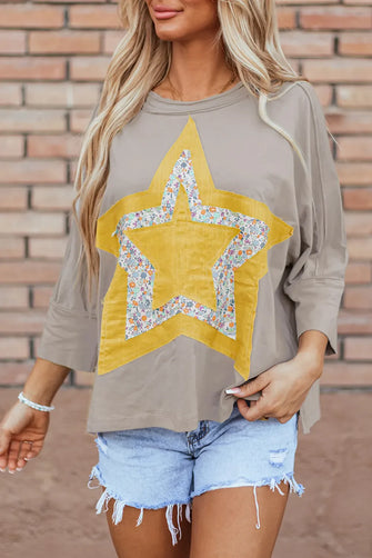 Beige Star Appliqué Floral Top for Women Mocha