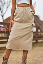 Beige Stretch Cargo Midi Skirt with Pockets and Drawstring Hem Tan Woman Skirts