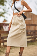 Beige Stretch Cargo Midi Skirt with Pockets and Drawstring Hem