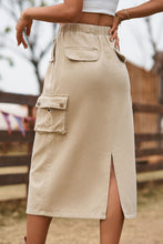 Beige Stretch Cargo Midi Skirt with Pockets and Drawstring Hem