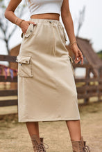 Beige Stretch Cargo Midi Skirt with Pockets and Drawstring Hem