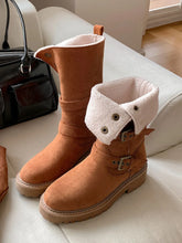 Beige Suede Buckle Strap Boots with Fur Lining for Women Brown