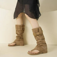 Beige Suede Gladiator Knee High Sandal Boots for Women
