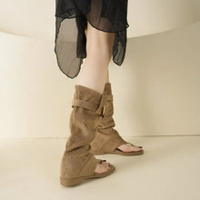 Beige Suede Gladiator Knee High Sandal Boots for Women