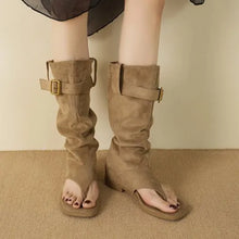 Beige Suede Gladiator Knee High Sandal Boots for Women