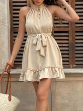 Beige Swiss Dot Halter Neck Dress with Ruffled Hem