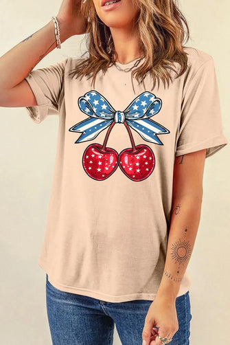 Beige T-Shirt with Cherry and Bow Graphic for Women Tan