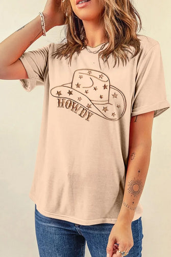Beige T Shirt with Cowboy Hat Graphic for Women Tan