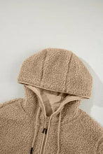Beige teddy bear fleece hoodie with drawstring hood, zipper, and pockets