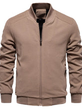 Beige Textured Knit Bomber Jacket for Men Taupe