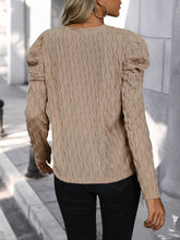 Beige Textured Puff Sleeve V Neck Blouse for Women