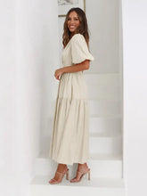 Beige Tiered Midi Dress with Puff Sleeves Casual Dresses