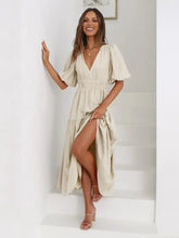 Beige Tiered Midi Dress with Puff Sleeves Casual Dresses