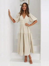 Beige Tiered Midi Dress with Puff Sleeves Casual Dresses