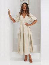 Beige Tiered Midi Dress with Puff Sleeves