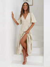 Beige Tiered Midi Dress with Puff Sleeves