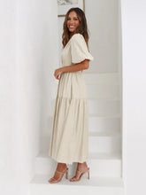Beige Tiered Midi Dress with Puff Sleeves