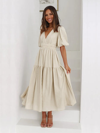 Beige Tiered Midi Dress with Puff Sleeves Beige