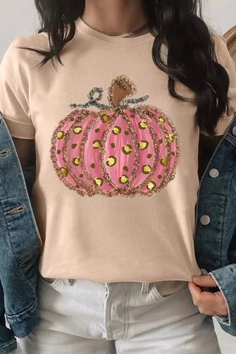 Beige Twisted Hem T-Shirt with Pink Leopard Print Pumpkin Tan
