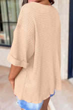 Beige waffle knit basic top for women with rolled sleeves and scalloped hem