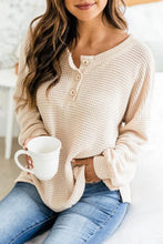 Beige Waffle Knit Henley Long Sleeve Top for Women