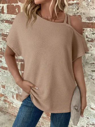 Beige Waffle Knit One Shoulder Asymmetrical Top Dust Storm Woman T Shirts
