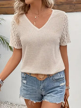 Beige Waffle Knit Top with Lace Sleeves Woman T Shirts