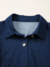Dark blue midi denim dress with classic collar and gold-tone buttons featuring belted button-down design