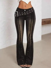 Black denim belted high waist flare jeans with studded belt and silver buckle for a stylish fit