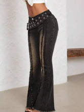 Black denim belted high waist flare jeans with studded waistband and distressed frayed detailing