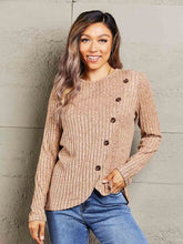 Mandy Ribbed Round Neck Buttoned Long Sleeve Tee Camel