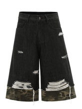 Men's Distressed Camo Trim Denim Bermuda Shorts Black