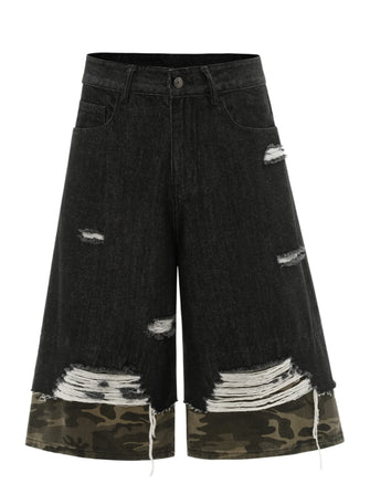 Men's Distressed Camo Trim Denim Bermuda Shorts Black