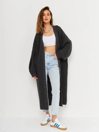 Open Front Long Sleeve Longline Cardigan Black One Size Woman Outerwear