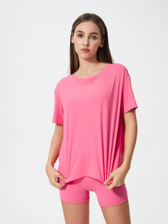 Millennia Round Neck Short Sleeve Active T-Shirt Fuchsia Pink