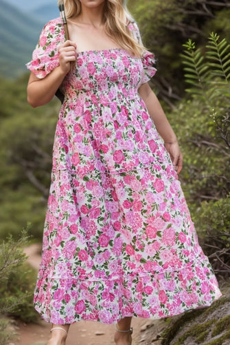 Plus Size Smocked Printed Square Neck Short Sleeve Dress Floral