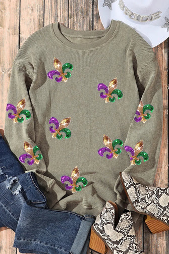 Sequin Round Neck Dropped Shoulder Sweatshirt Sage Woman Sweatshirts