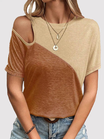 Contrast Round Neck Short Sleeve T-Shirt Caramel