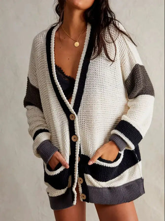 Pocketed Contrast V-Neck Long Sleeve Cardigan White Woman Outerwear