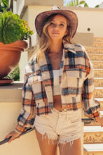 BiBi brushed plaid crop jacket in beige, blue, orange flannel