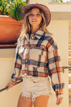 BiBi brushed plaid crop jacket in cream orange tones with frayed edges