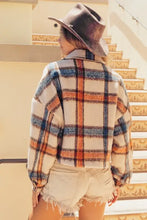 BiBi brushed plaid crop jacket with orange, blue, white checks, denim shorts, galaxy cowboy hat