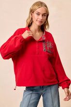 Red fleece pullover bibi christmas fleece buttoned top with plaid patch pocket and buttoned collar care instructions included