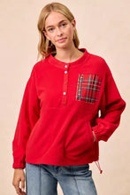 Red fleece sweatshirt with plaid patch pocket and button-front neckline from bibi christmas fleece buttoned collection with care instructions