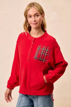 Red plaid fleece buttoned bibi christmas theme pocket sweatshirt with elastic cuffs and care instructions