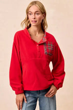 Red fleece pullover with plaid pocket and collar long sleeves buttoned front bi bi christmas fleece buttoned top care instructions