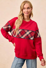 Red sweatshirt with red beige and navy blue plaid block panels from bibi christmas theme plaid pattern collection