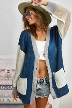 Bibi color block cardigan sweater in blue and gray with button closure and pockets