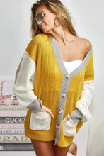 Bibi Color Block Knit Cardigan in Mustard Yellow with Button Closure