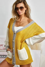 Bibi color block knit cardigan with button closure in mustard yellow